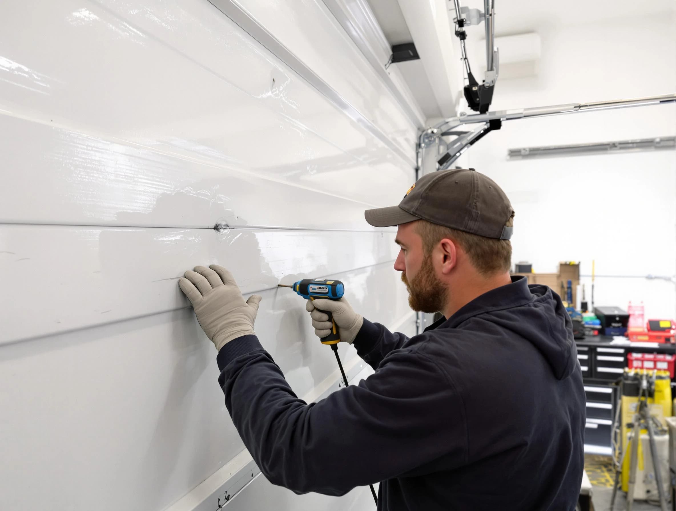 Grayson Garage Door Repair technician demonstrating precision dent removal techniques on a Grayson garage door